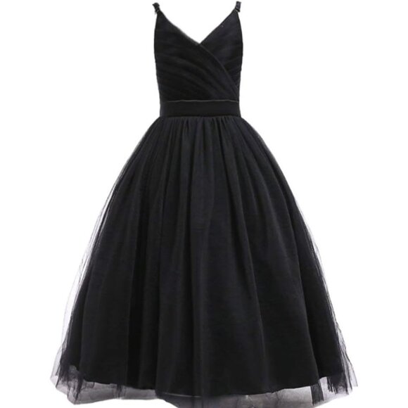 🆕Girls V-Black Tulle Spaghetti Strap Dress Cotton A-Line Wedding Party Gown - Picture 1 of 8